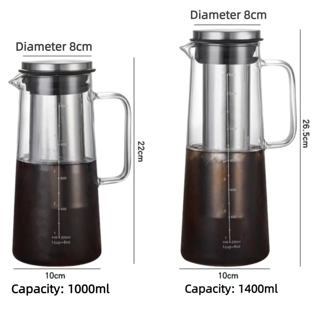 Kaltbrüh-Kaffeekaraffe aus Glas 1000/1400 ml mit Filter – Cold Brew Kaffeebereiter für 4–8 Tassen, Kühlschrankgeeignet